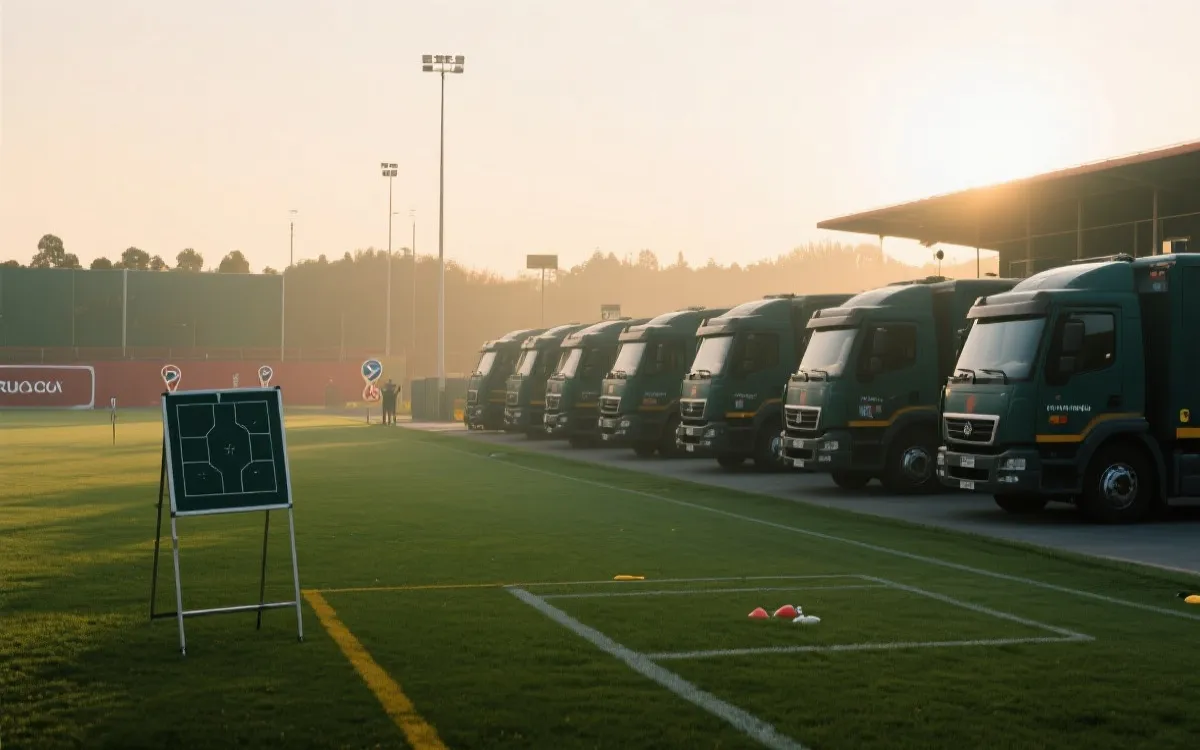 世界杯决赛周球队后勤与训练场运营的场景示意